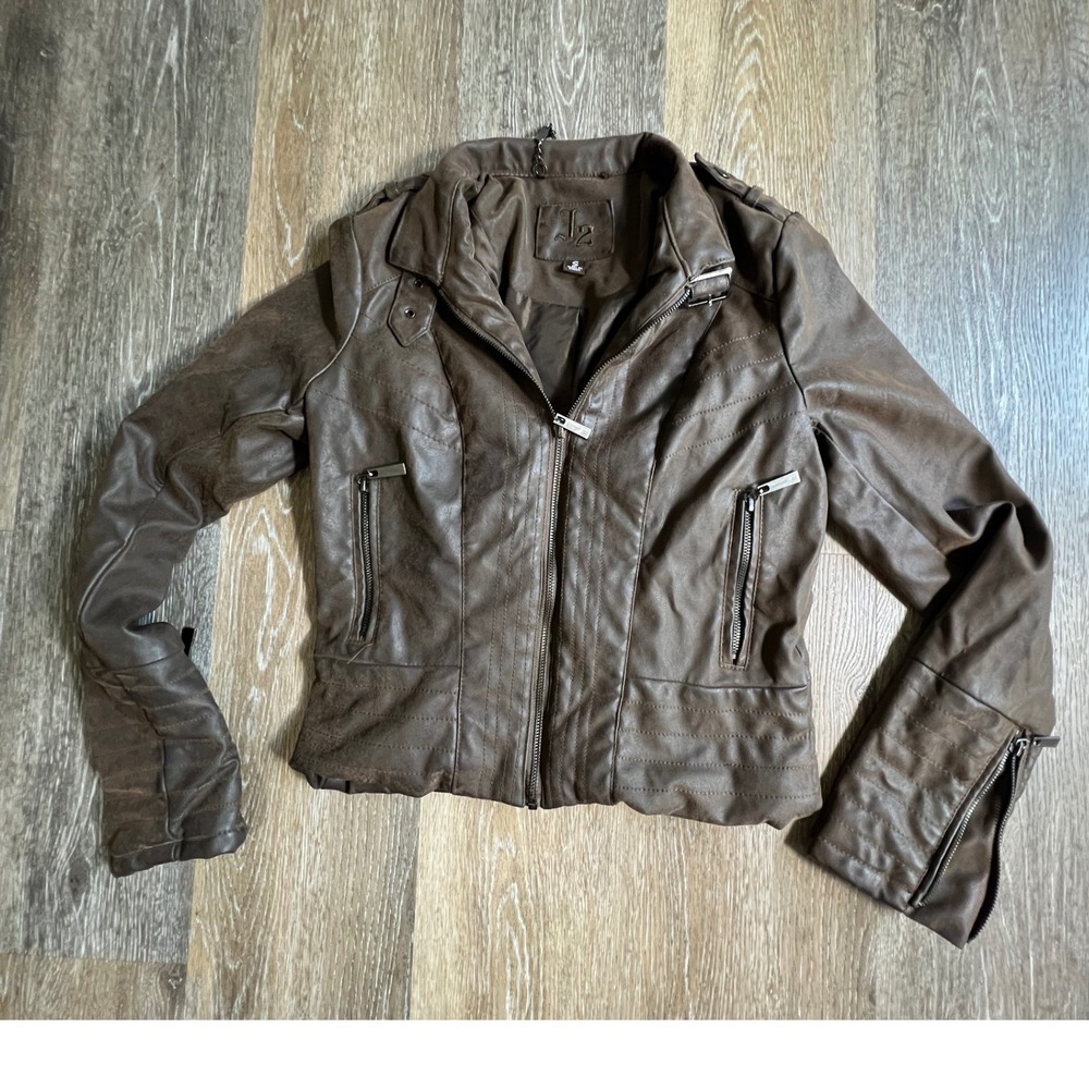 J2 Moto Jacket Women Size S Brown Faux Leather Quilted Asymmetrical Zip Biker
